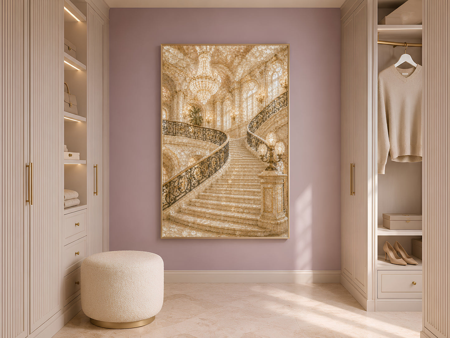 Grand staircase print framed in gold displayed in neutral closet with open shelving
