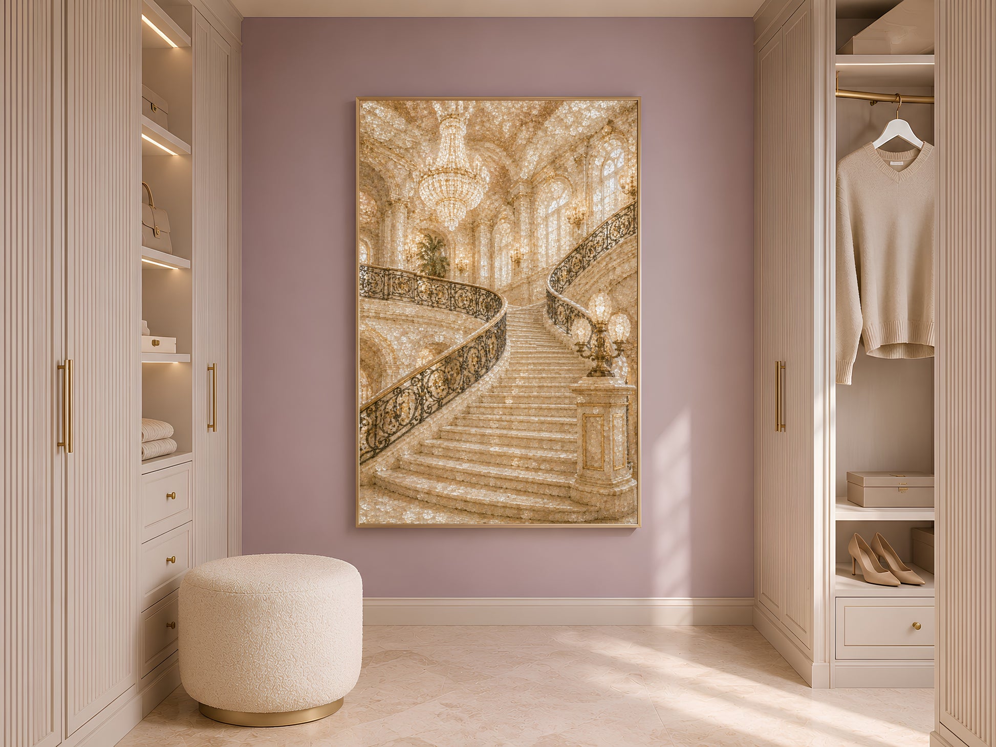 Grand staircase print framed in gold displayed in neutral closet with open shelving
