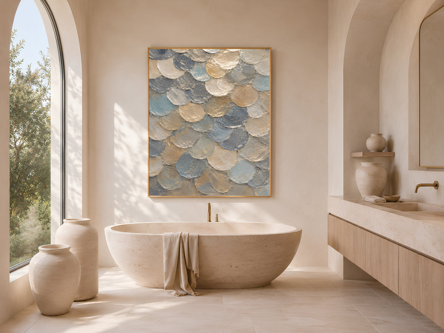 Framed capiz shell mosaic wall art beside a freestanding bathtub in a sunlit spa-style bathroom

