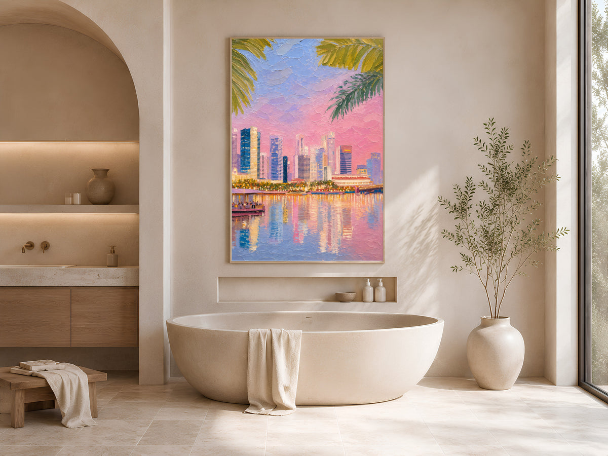 Tropical city skyline wall art with palm leaves in a modern soaking tub bathroom