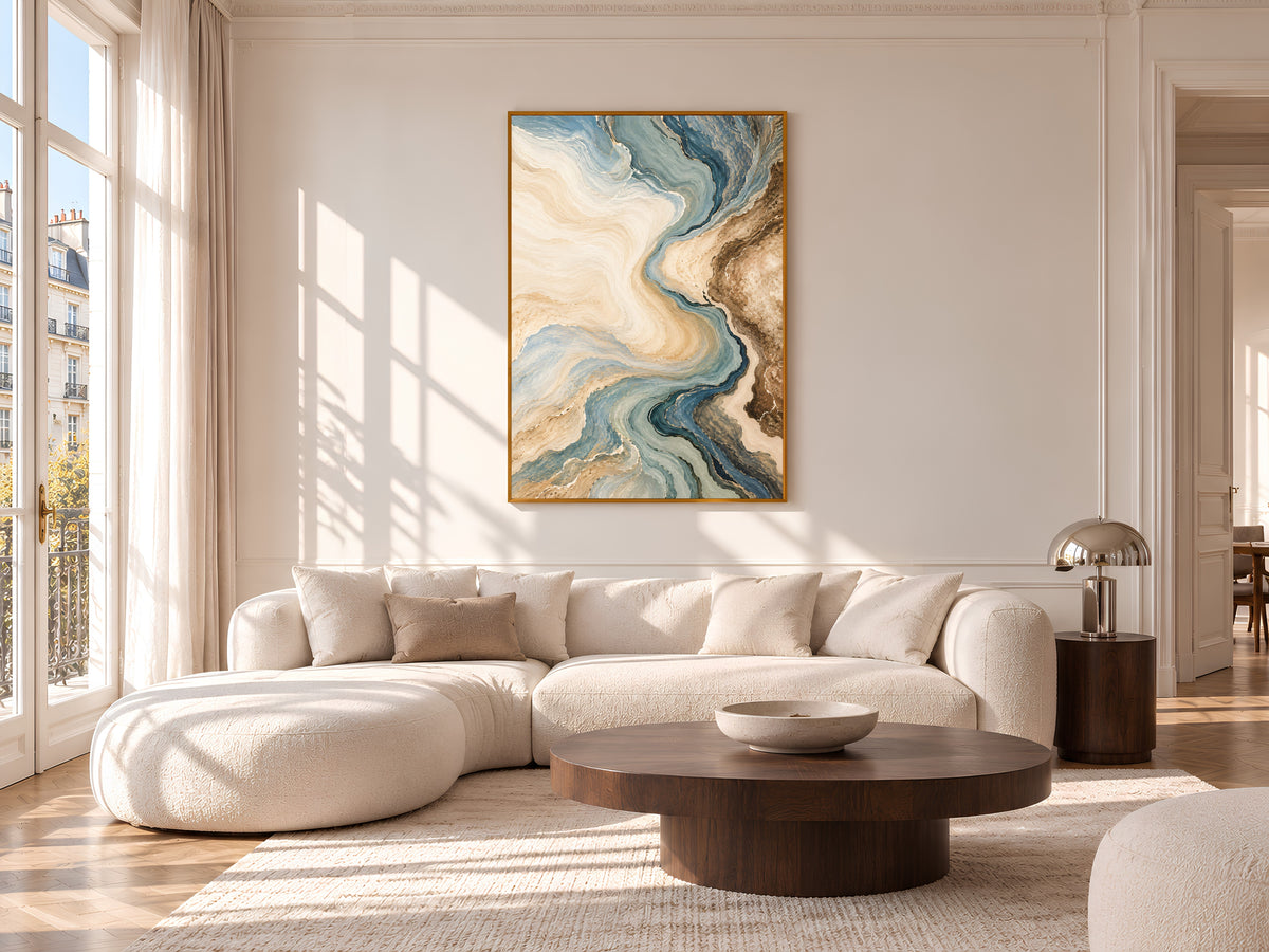 Blue and Beige Abstract Wall Art, Coastal Marble Swirl Print, Dusty Blue and Brown Painting, Printable Neutral Decor, Digital Download
