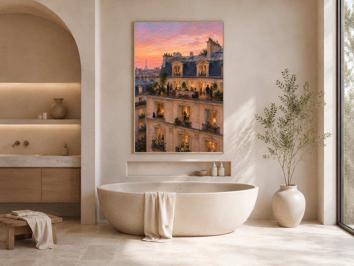 French balcony scene framed above soaking tub in neutral arched bathroom