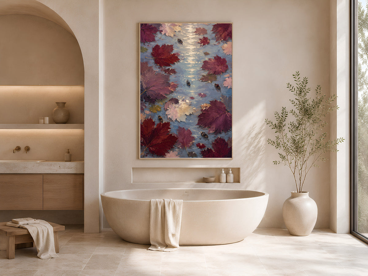 Aerial rowboat wall art framed above bathtub in neutral spa-style bathroom decor