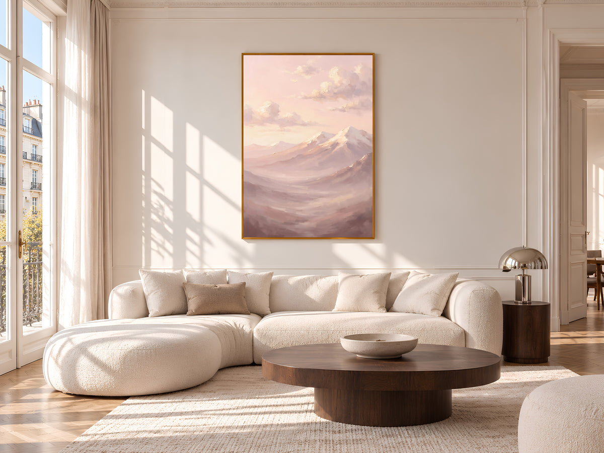 Blush Pink Mountain Painting Print, Pastel Landscape Art, Soft Mauve Wall Art, Printable Digital Download