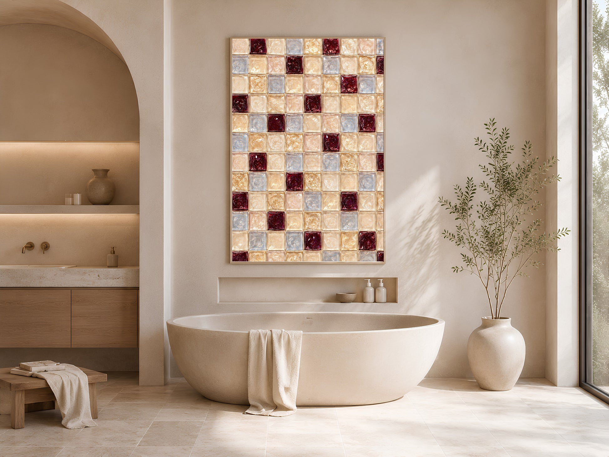 Glass tile checkerboard print framed above a freestanding bathtub in a neutral bathroom
