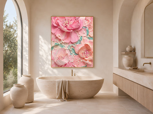 Pink peony wall art hanging in a spa-style bathroom with freestanding tub
