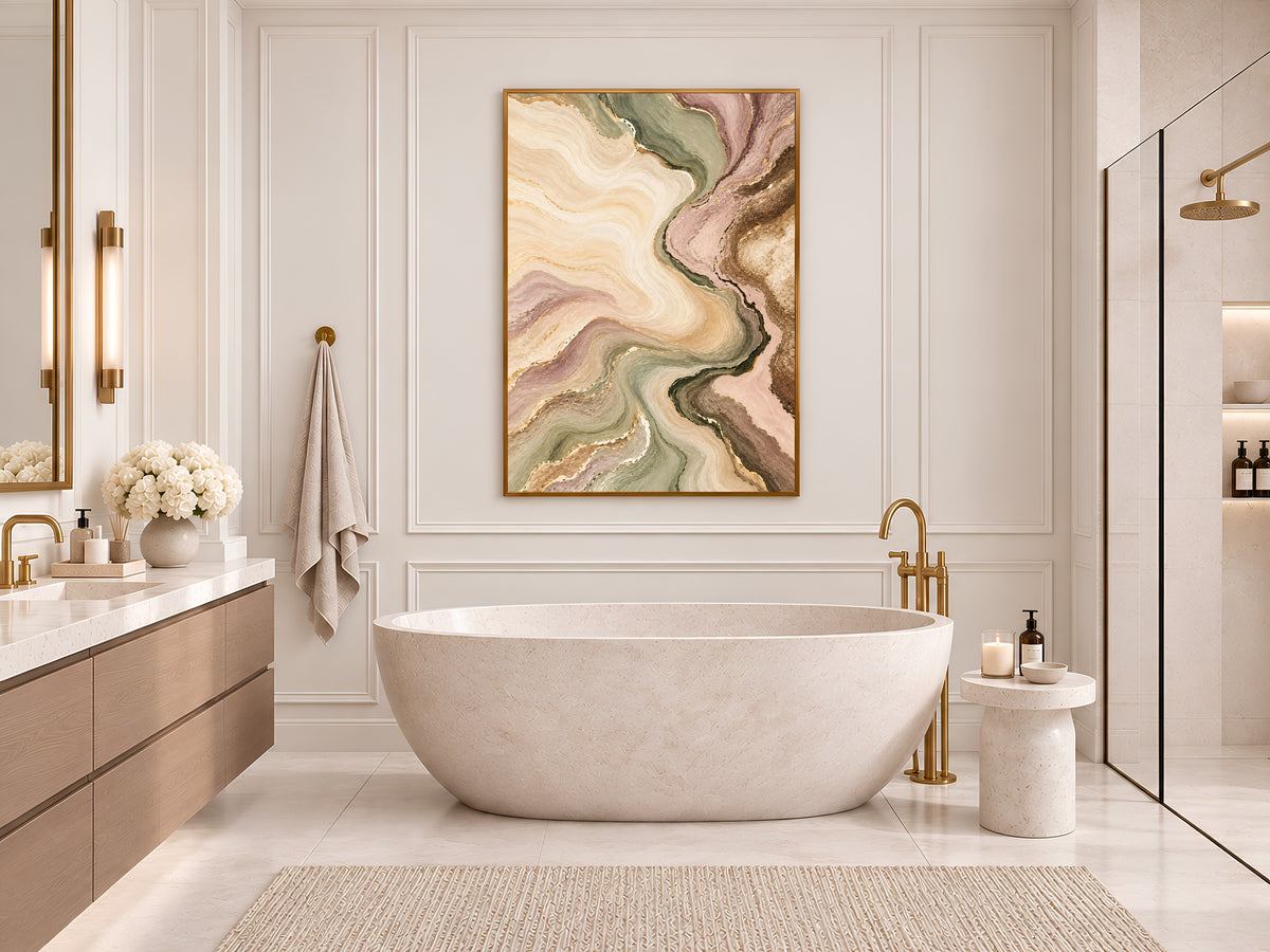 Sage Green and Blush Abstract Wall Art, Marble Swirl Painting Print with Gold Veins, Printable Pastel Neutral Decor, Digital Download