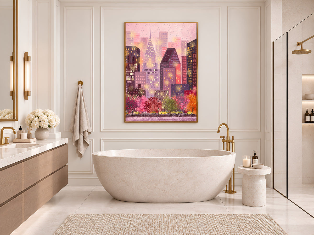 Pink New York City Art Print, Rainy Day NYC Skyline Illustration with Yellow Taxis, Whimsical Gouache Style City Decor, Digital Download