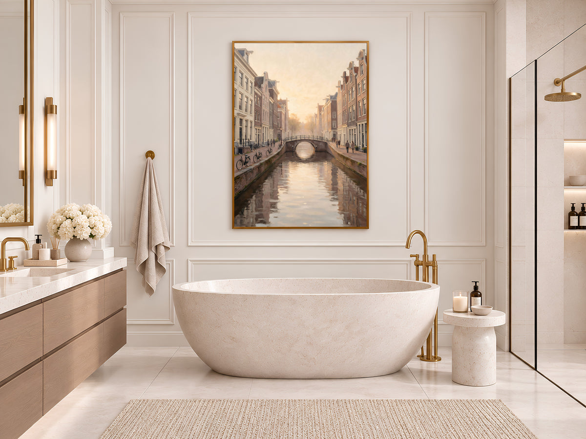 Dutch Canal Painting Print, Soft Golden Hour City Art, Neutral European Canal Wall Art, Printable Digital Download
