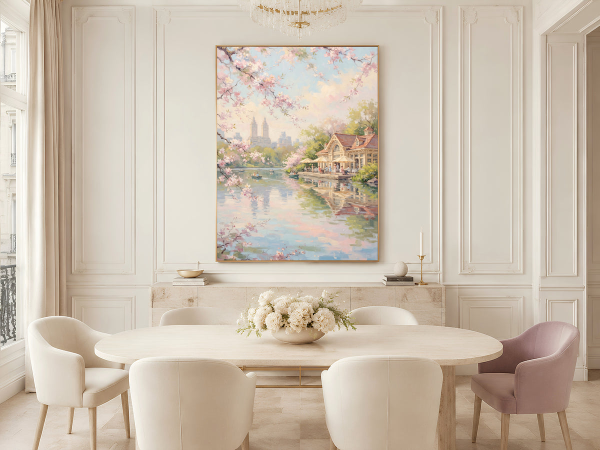 Central Park Cherry Blossom Wall Art, Boathouse Oil Painting Print - Digital Download