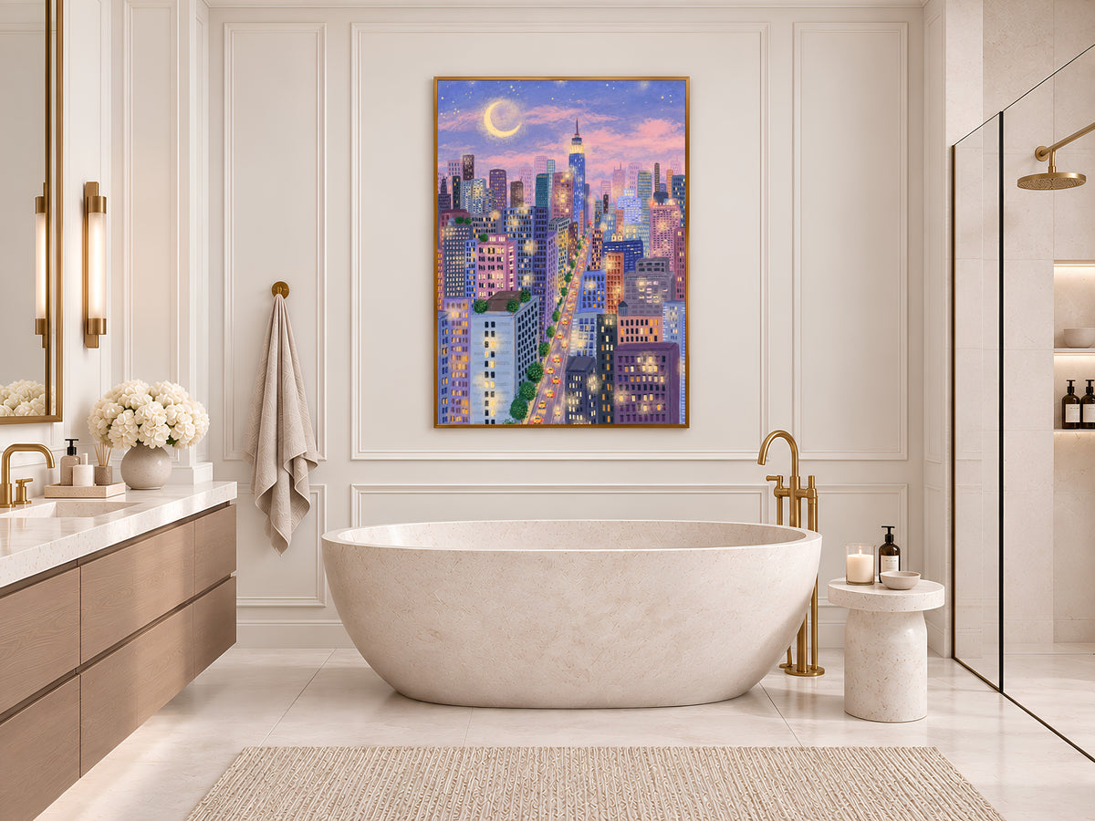 New York City at Night Print, Purple and Pink NYC Skyline Illustration with Moon and Yellow Taxis, Whimsical City Decor, Digital Download