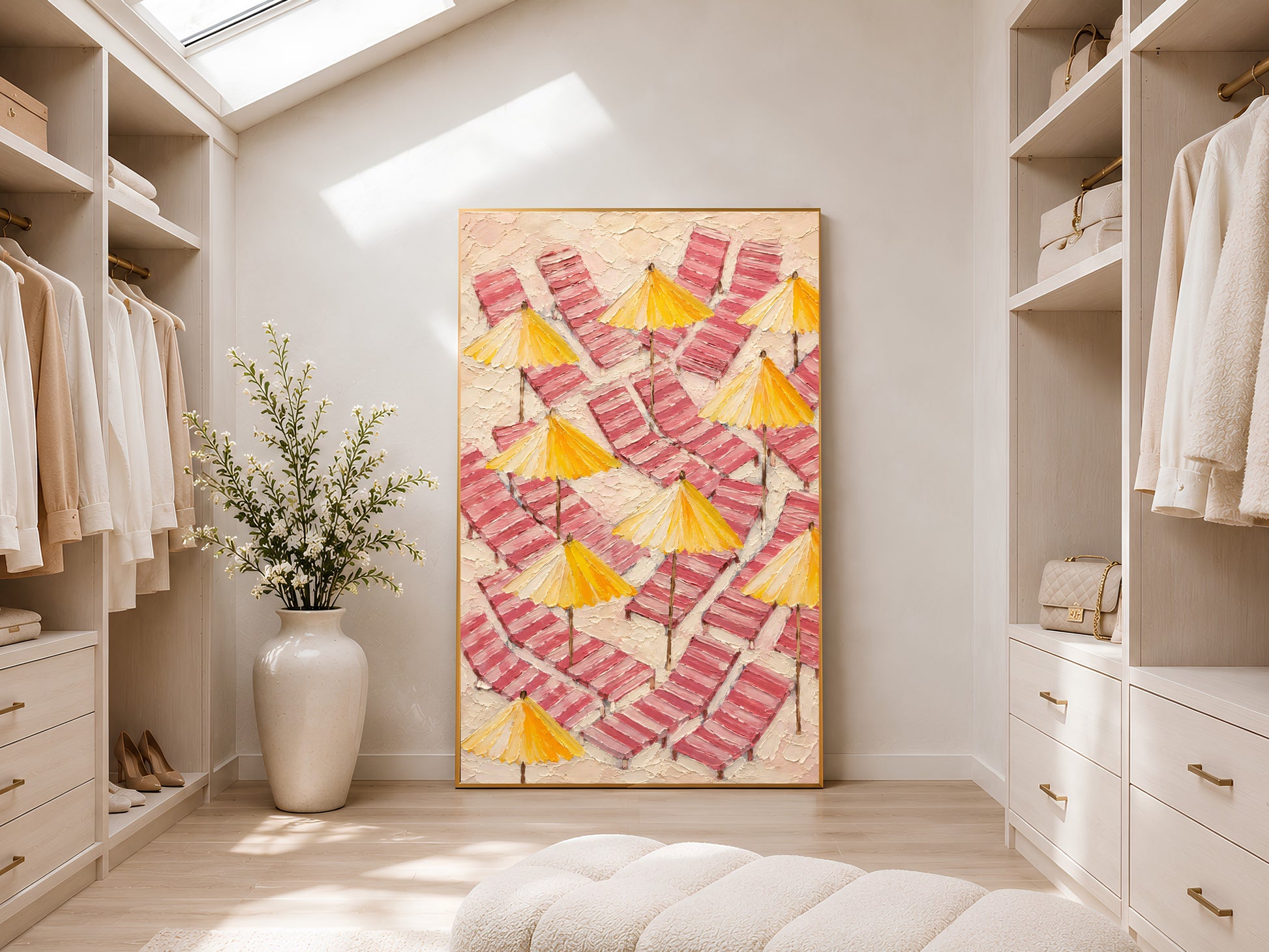 Coastal beach club wall art printable styled in a luxurious neutral walk-in closet with Mediterranean-inspired decor and soft natural light.