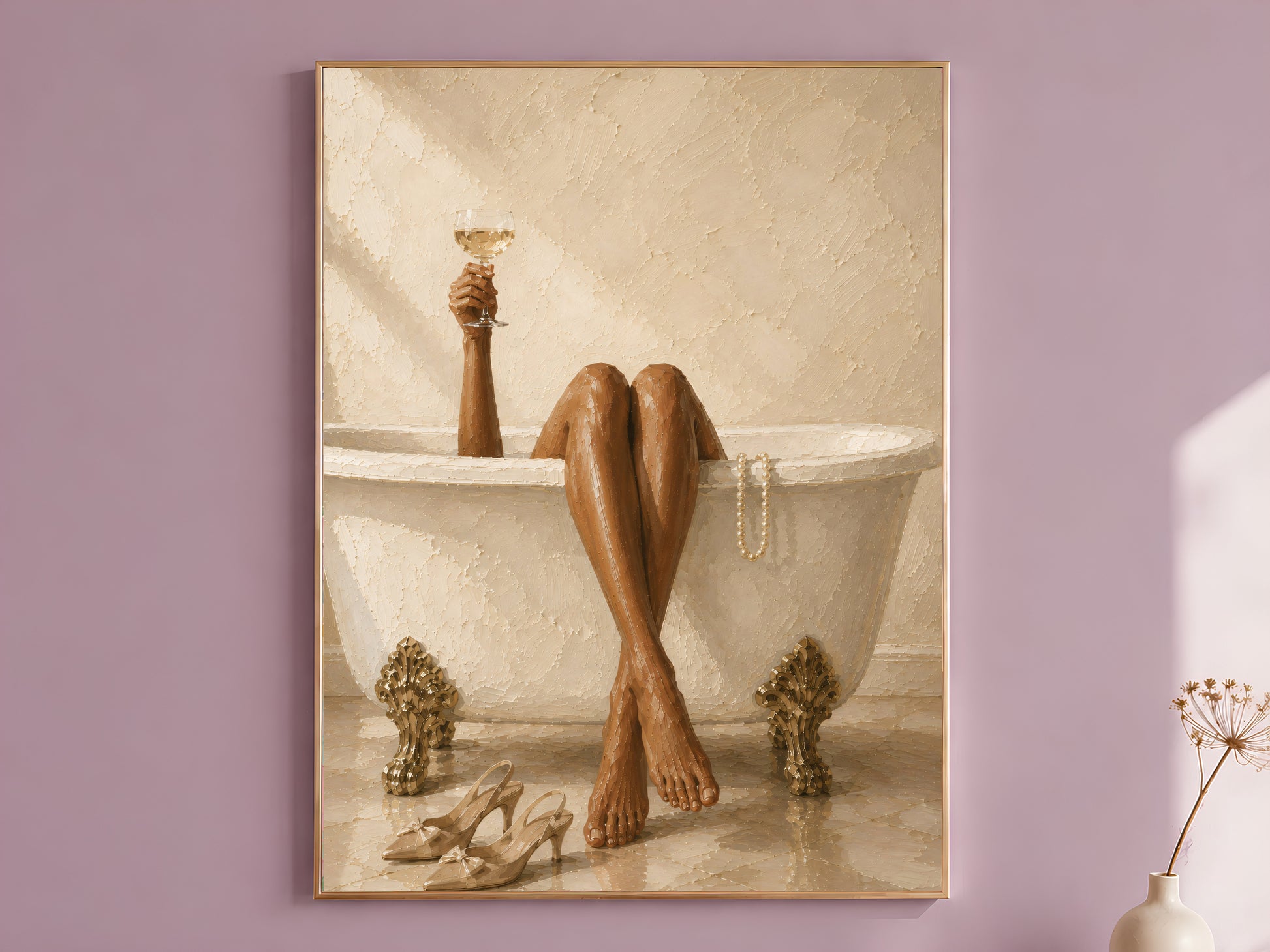 Impasto oil painting wall art print of a woman's bronzed legs draped over a cream freestanding bathtub with gold claw feet, slingback heels on the floor beside pearl necklace, displayed in a thin gold frame against a dusty mauve wall with dried florals