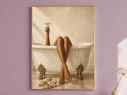 Impasto oil painting wall art print of a woman's bronzed legs draped over a cream freestanding bathtub with gold claw feet, slingback heels on the floor beside pearl necklace, displayed in a thin gold frame against a dusty mauve wall with dried florals