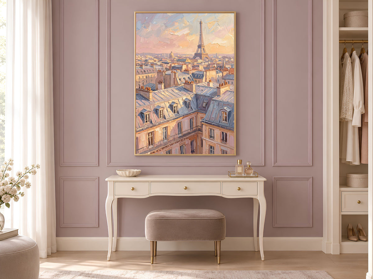 Paris Wall Art, Impasto Oil Painting Print, Eiffel Tower Sunset Rooftops - Digital Download