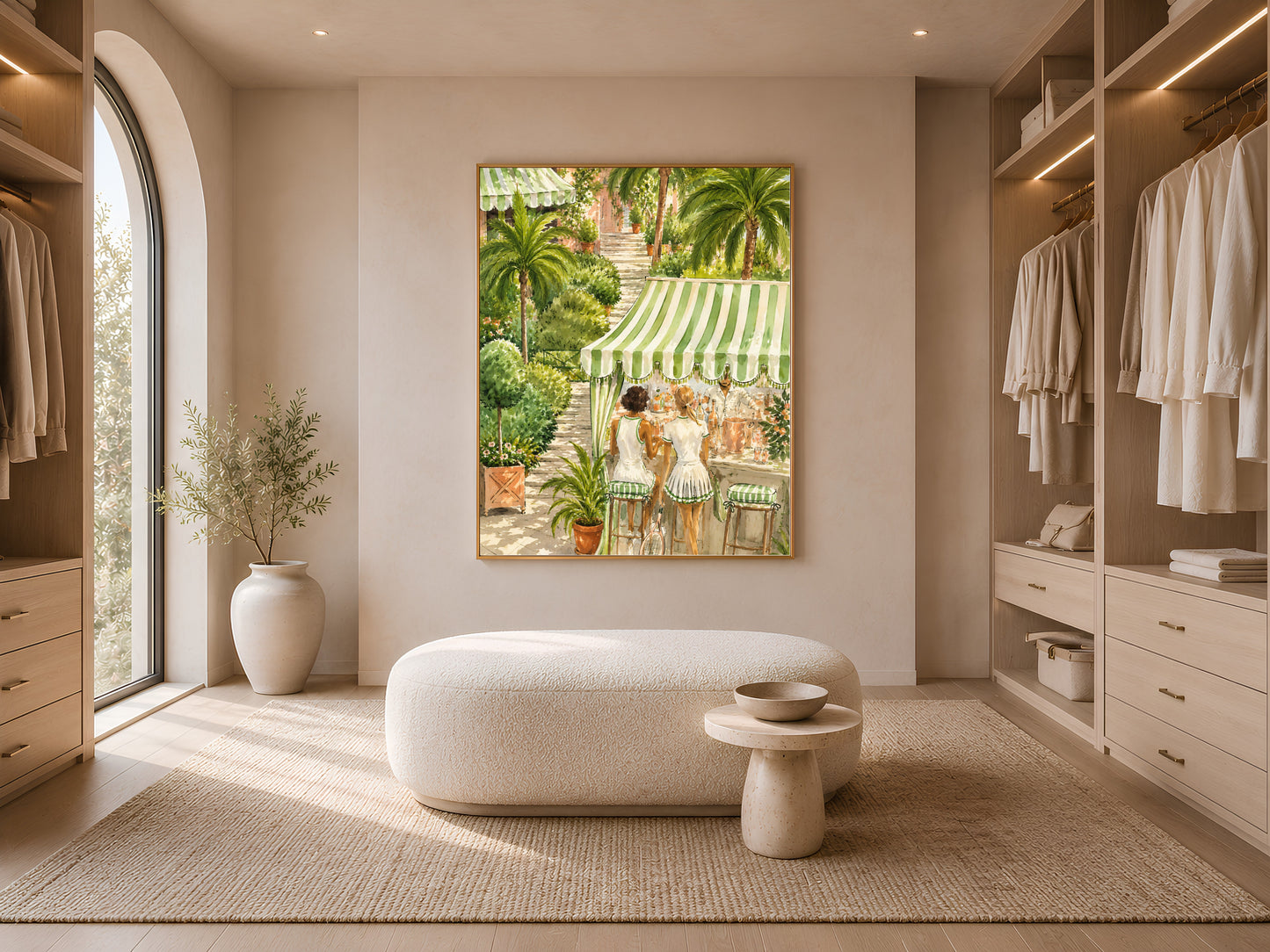 Tennis club wall art print in a gold frame above a bench in a light, minimalist walk-in closet.
