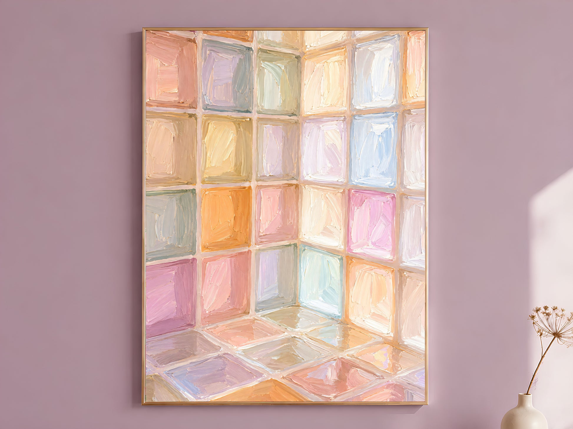 Rainbow pastel mosaic tile grid impasto wall art in gold frame on mauve wall with dried flower stems
