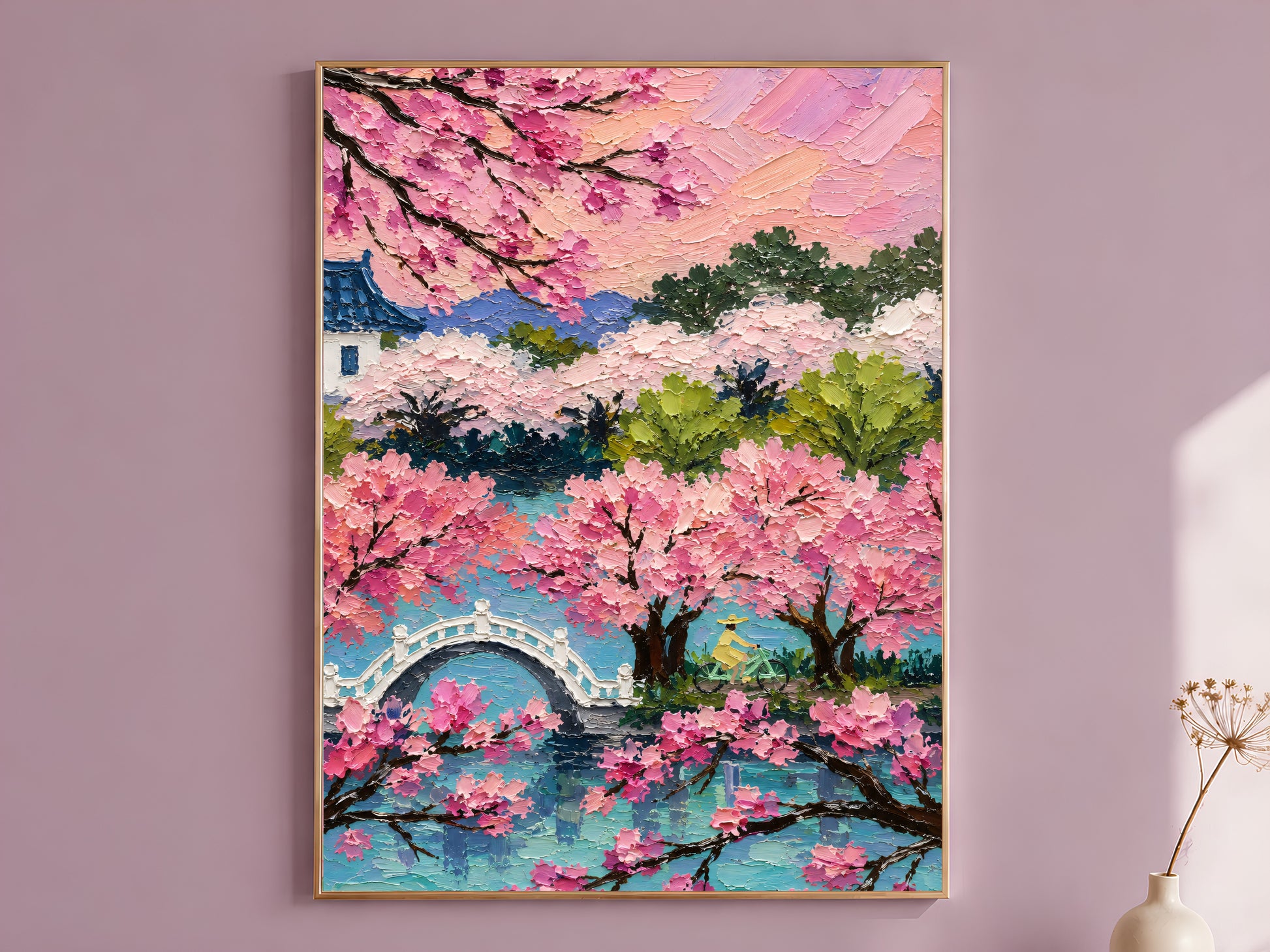 Cherry blossom sakura Japan landscape impasto wall art in gold frame on mauve wall with dried flower stems
