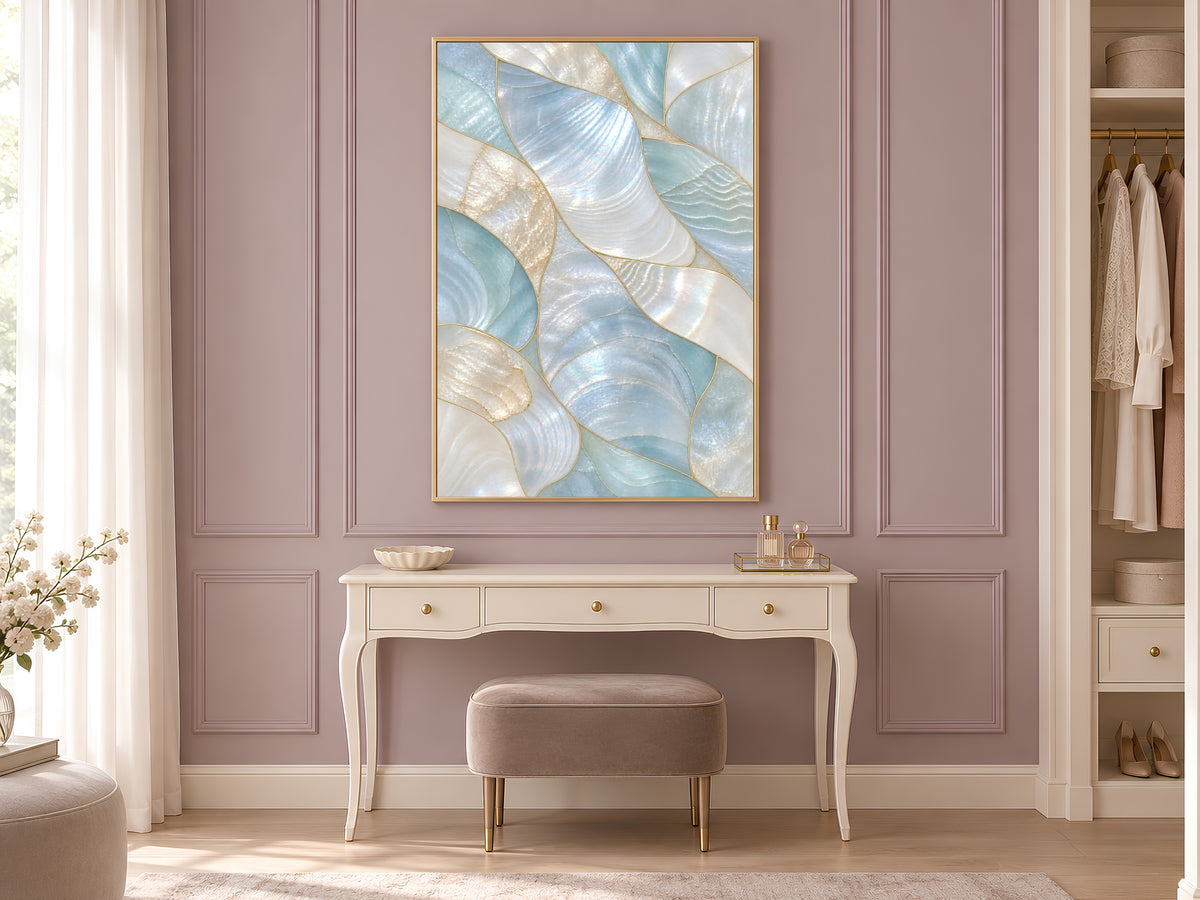 Aqua Mother of Pearl Wall Art, Seafoam Iridescent Shell Print, Coastal Bathroom Decor, Patina Blue Poster, Beach House, Instant Download