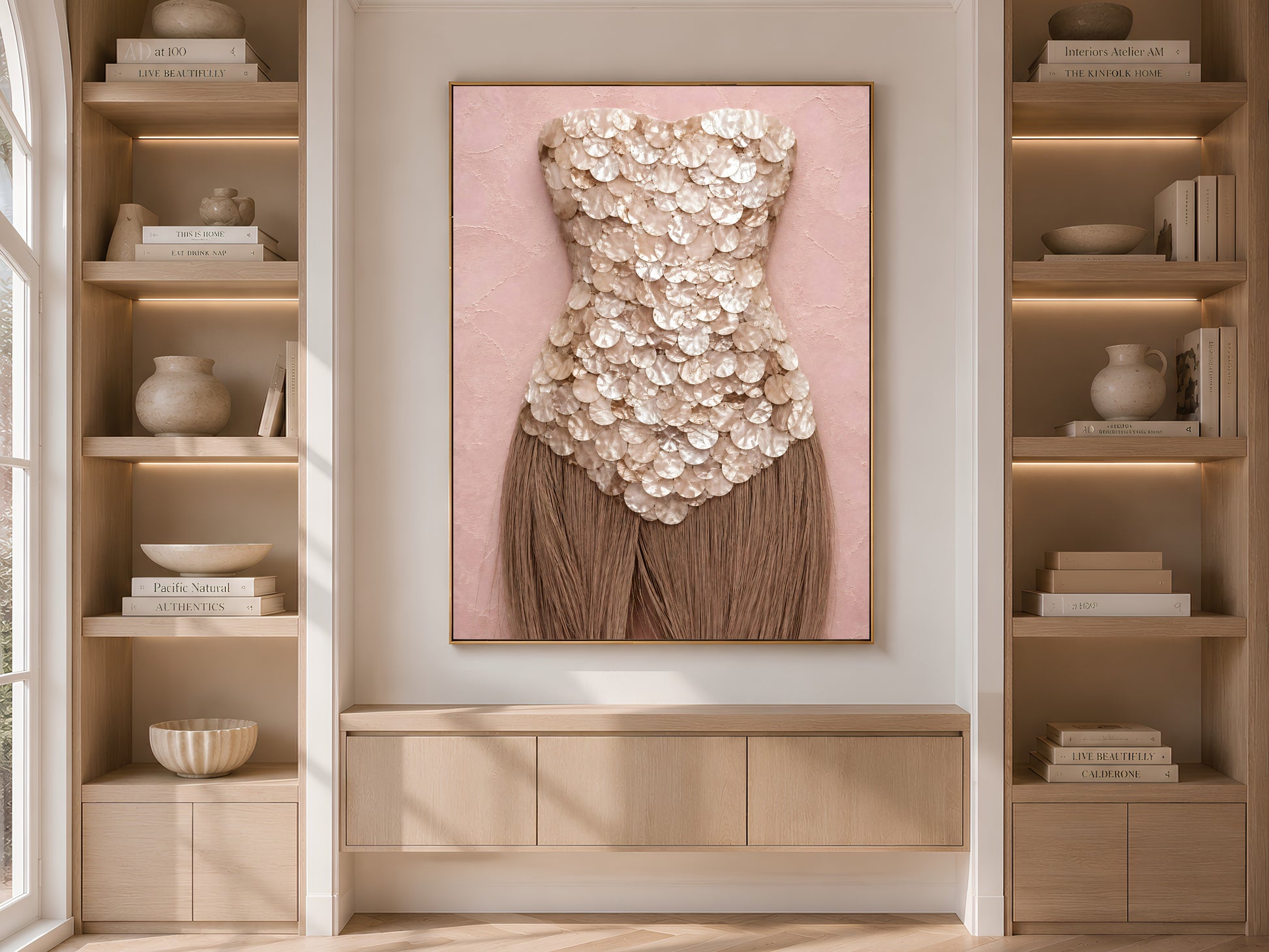 Mother of pearl wall art framed in gold, displayed within light wood built-in shelving.