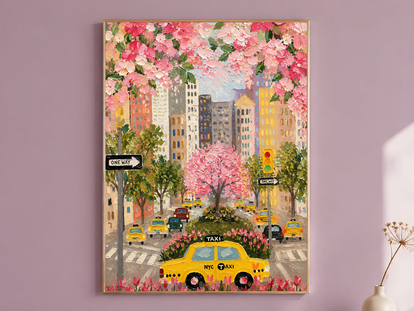 NYC taxi cherry blossom impasto wall art in gold frame on mauve wall with dried flower stems
