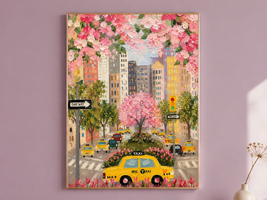 NYC taxi cherry blossom impasto wall art in gold frame on mauve wall with dried flower stems

