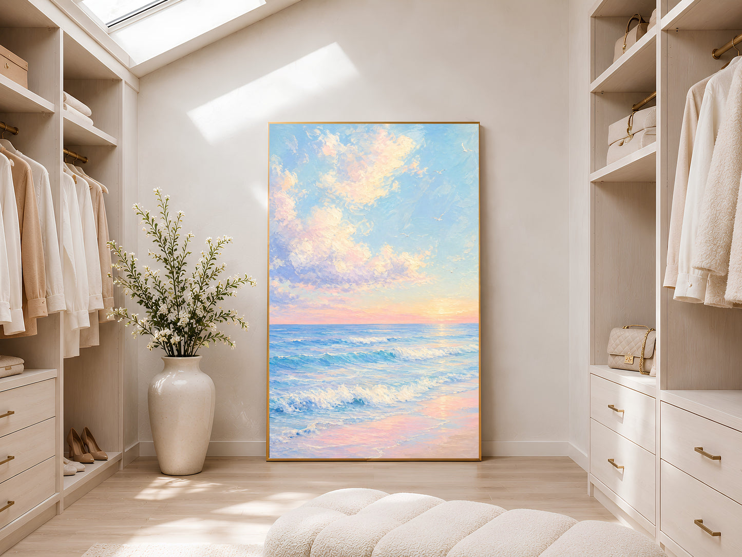 Large framed impasto pastel ocean sunrise print leaning against white wardrobe wall in bright sunlit dressing room with ottoman
