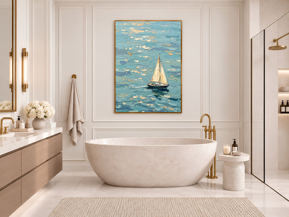 Sailboat Painting Print, Turquoise Ocean Wall Art with Single Sailboat, Textured Impasto Style Seascape, Coastal Printable, Digital Download