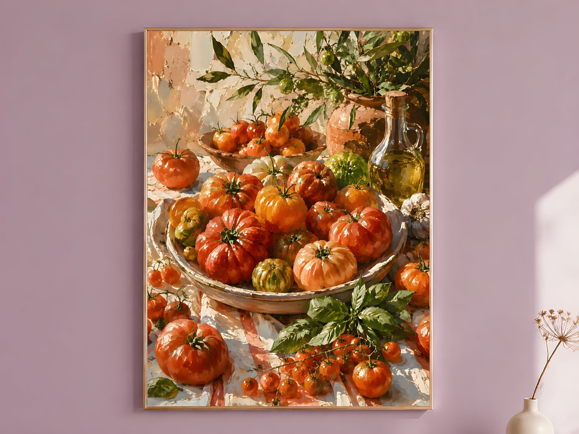 Impasto oil painting style heirloom tomato wall art print displayed against a dusty mauve wall, showing a harvest bowl overflowing with ridged crimson and orange tomatoes, olive branches, terracotta pottery, and a glass olive oil bottle
