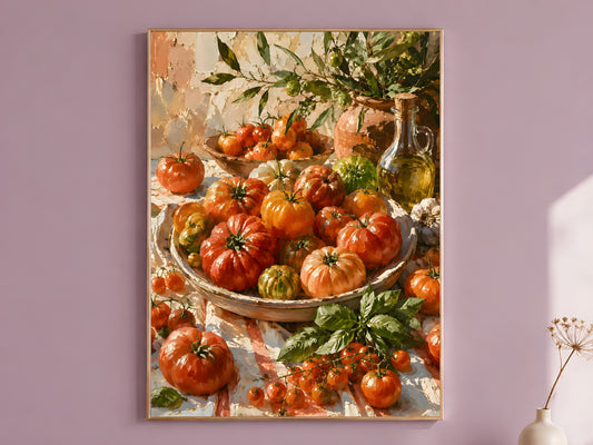 Impasto oil painting style heirloom tomato wall art print displayed against a dusty mauve wall, showing a harvest bowl overflowing with ridged crimson and orange tomatoes, olive branches, terracotta pottery, and a glass olive oil bottle
