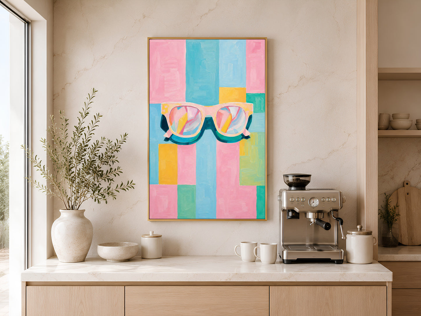 Framed impasto retro sunglasses wall art on warm white wall above console table with coffee maker in minimal coastal kitchen
