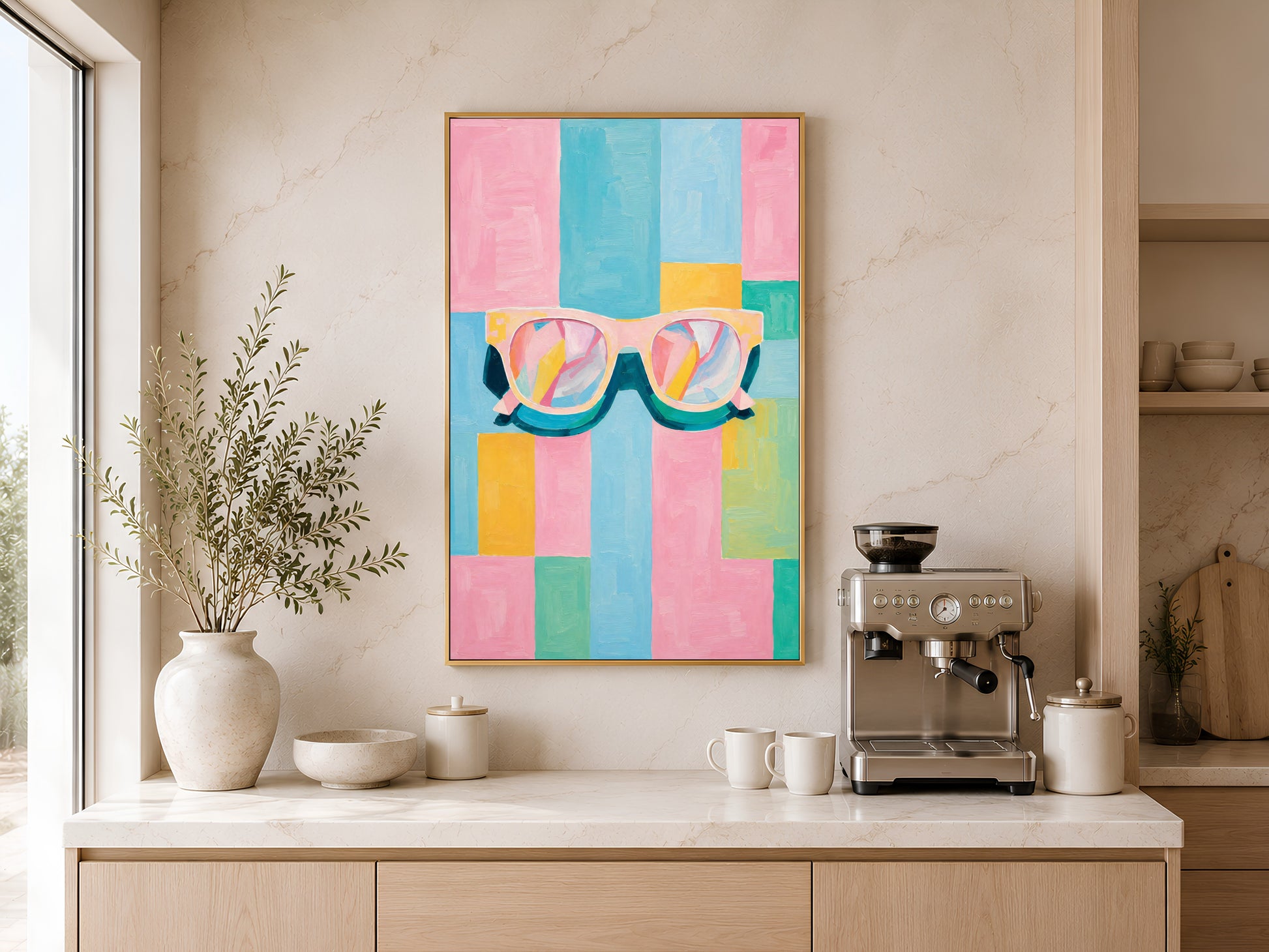 Framed impasto retro sunglasses wall art on warm white wall above console table with coffee maker in minimal coastal kitchen
