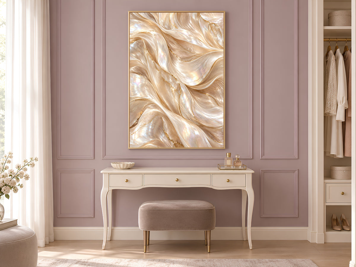 Pearl Abstract Wall Art, Champagne Gold Wave Print, Neutral Iridescent Swirl, Cream Living Room Decor, Above Sofa Poster, Instant Download