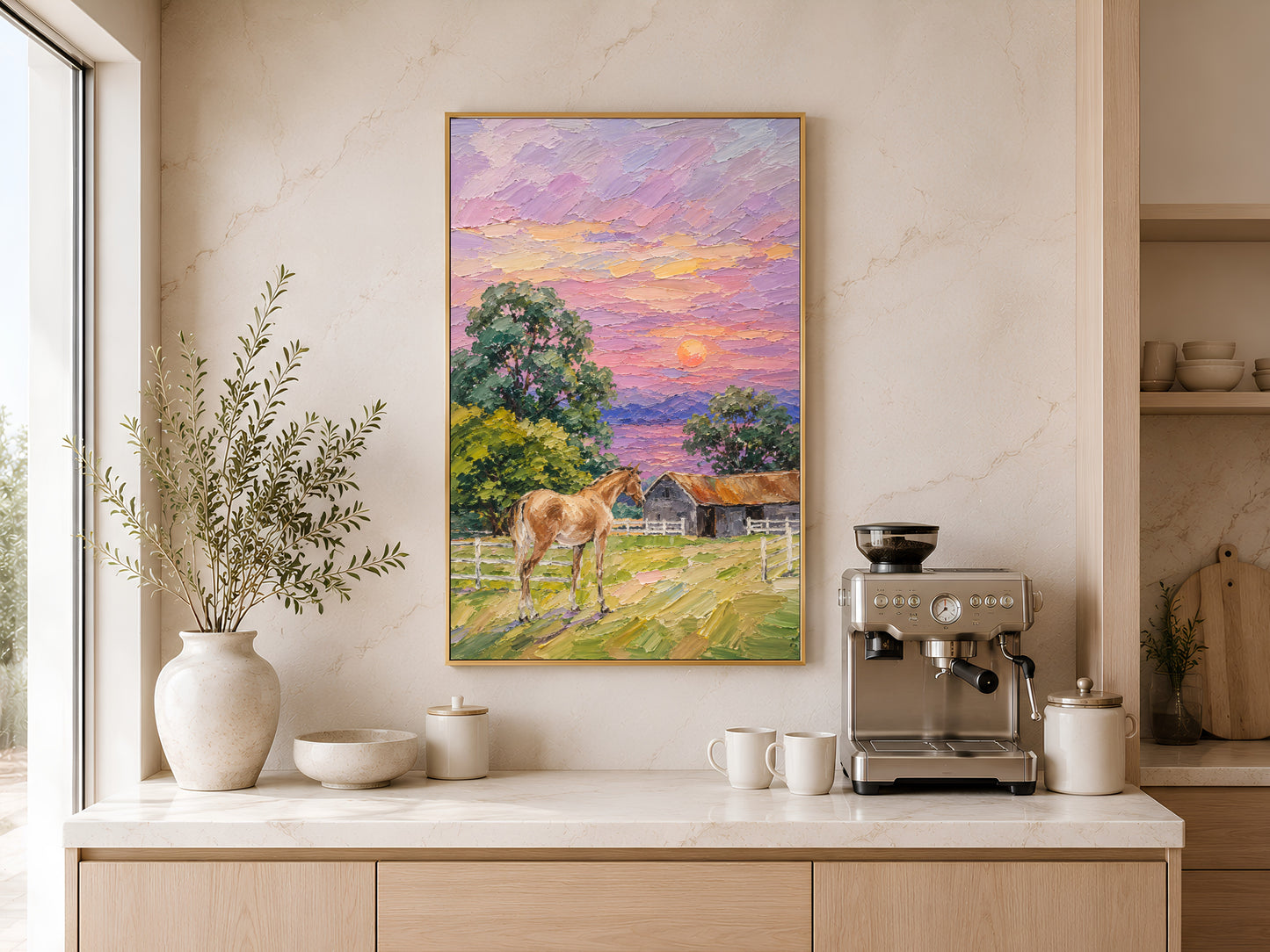 Farmhouse horse sunset impasto painting in a gold frame displayed above a light wood sideboard in a modern kitchen with neutral tones, pendant light, and warm natural light
