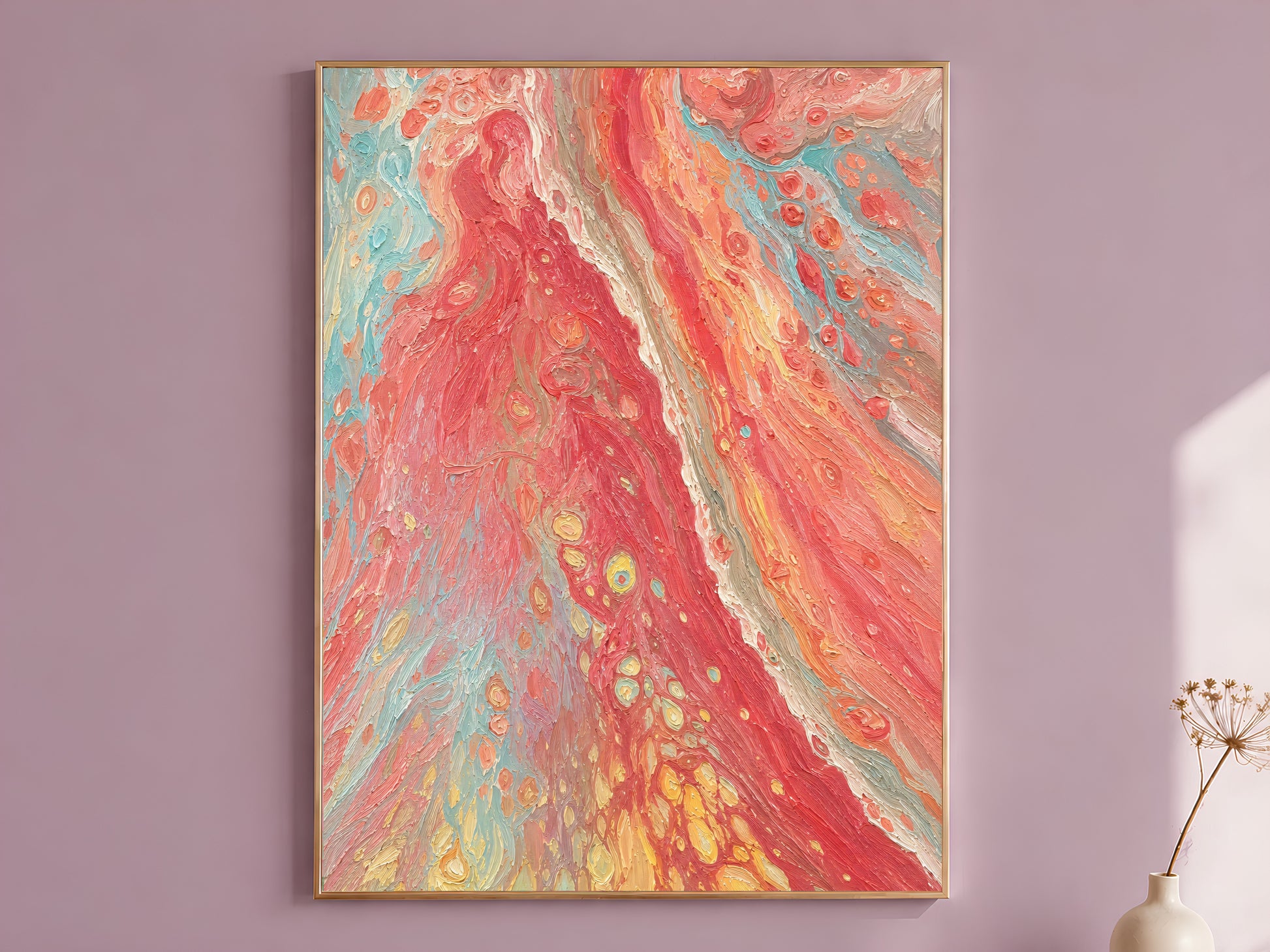 Coral red abstract swirl impasto wall art in gold frame on mauve wall with dried flower stems
