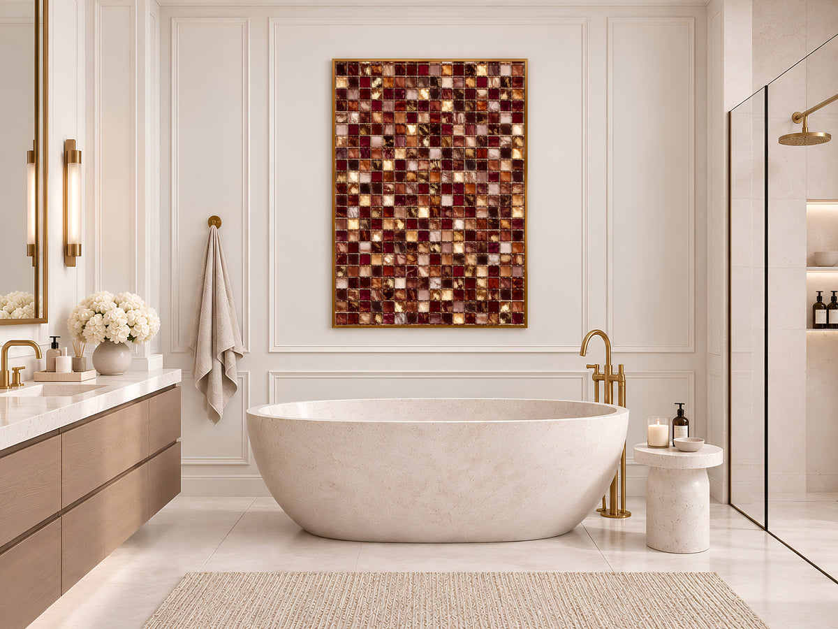 Burgundy and Gold Mosaic Tile Wall Art Print, Wine Red, Blush and Amber Tile Grid Painting, Printable Moody Warm Decor, Digital Download