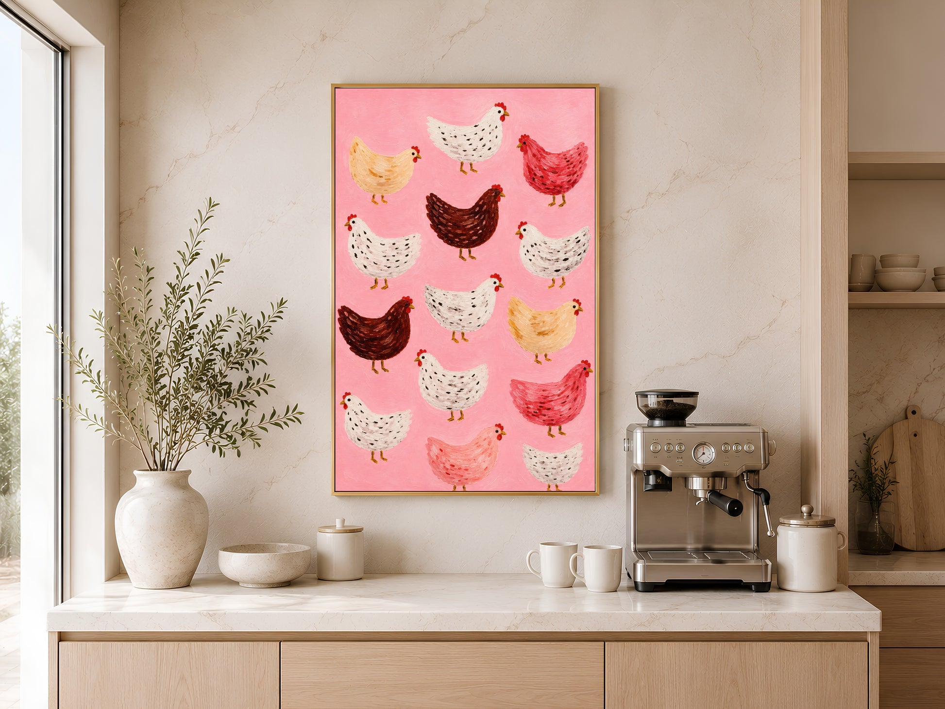 Framed impasto flock of chickens print on warm beige wall above console table with coffee maker in minimal kitchen
