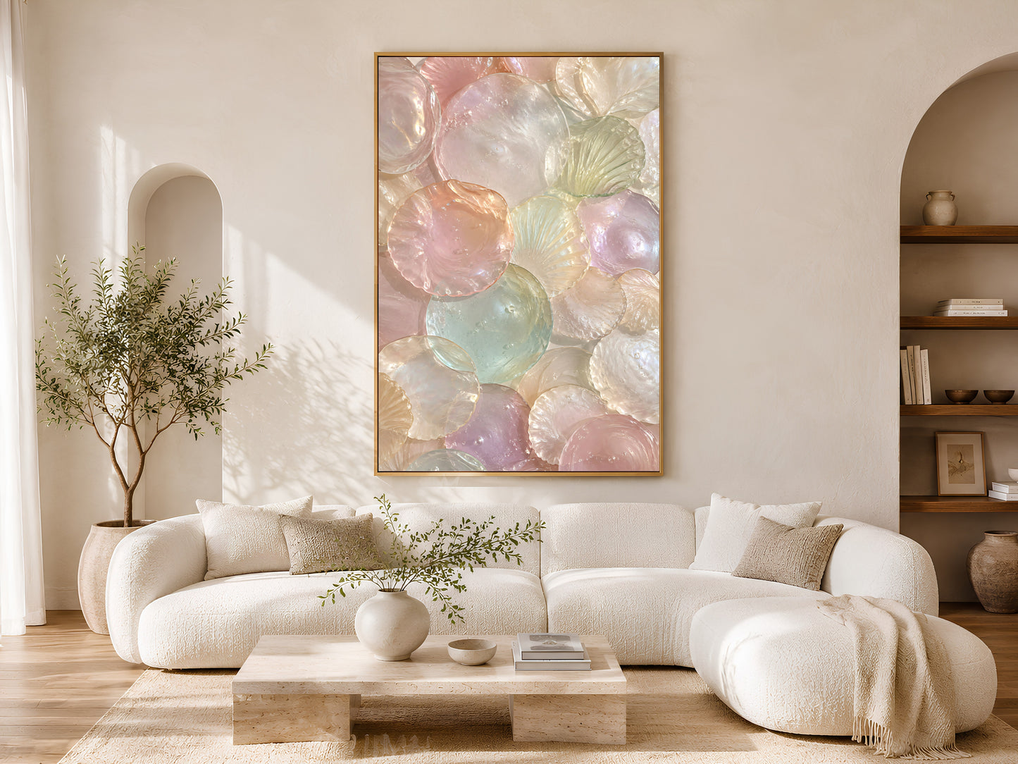 Murano Glass Shell Wall Art in Modern Living Room, Luxury Mother of Pearl Inspired Coastal Decor Printable