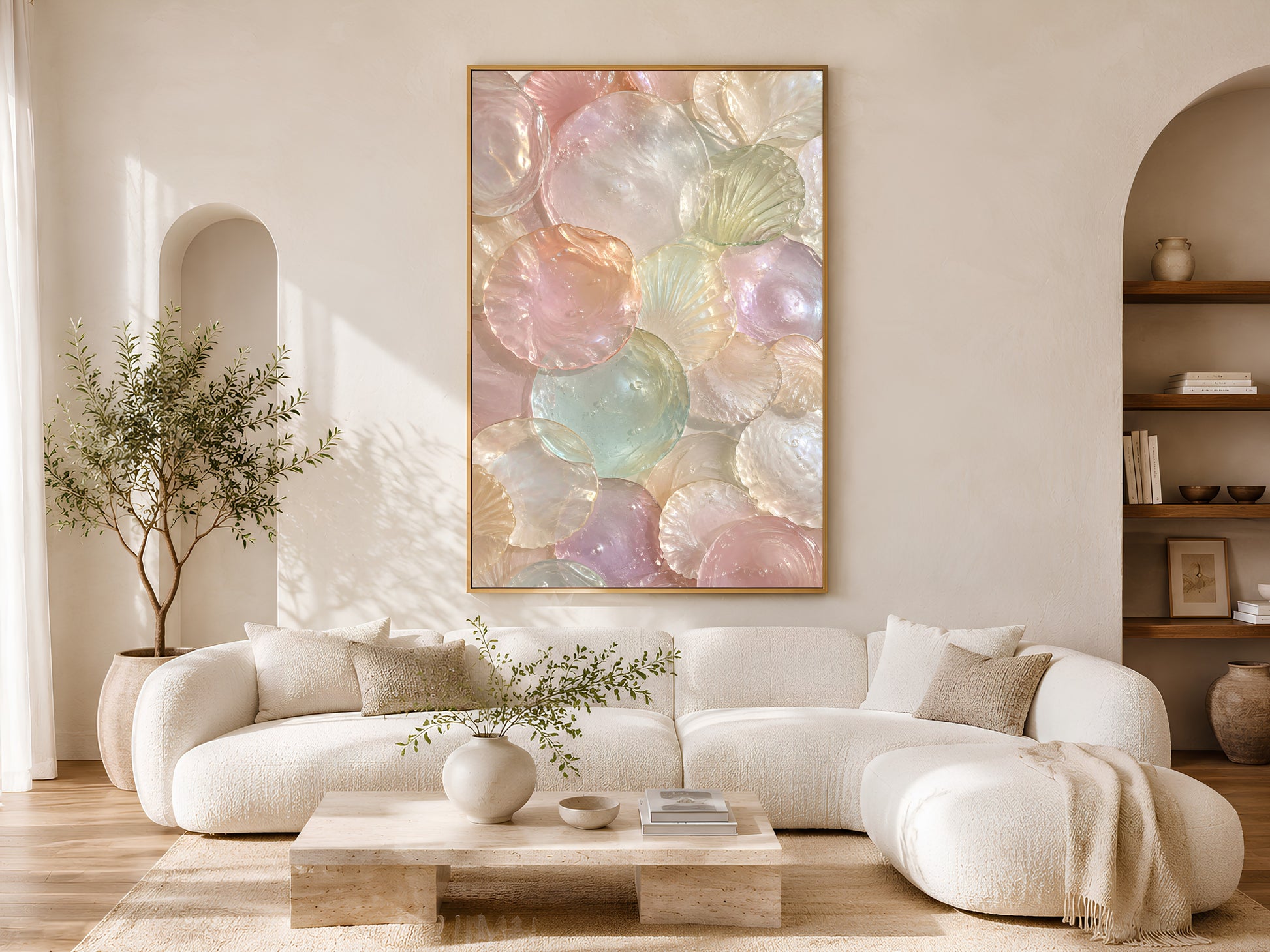 Murano Glass Shell Wall Art in Modern Living Room, Luxury Mother of Pearl Inspired Coastal Decor Printable