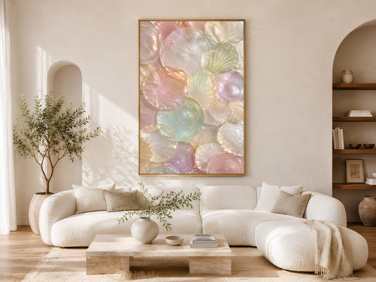 Murano Glass Shell Wall Art in Modern Living Room, Luxury Mother of Pearl Inspired Coastal Decor Printable