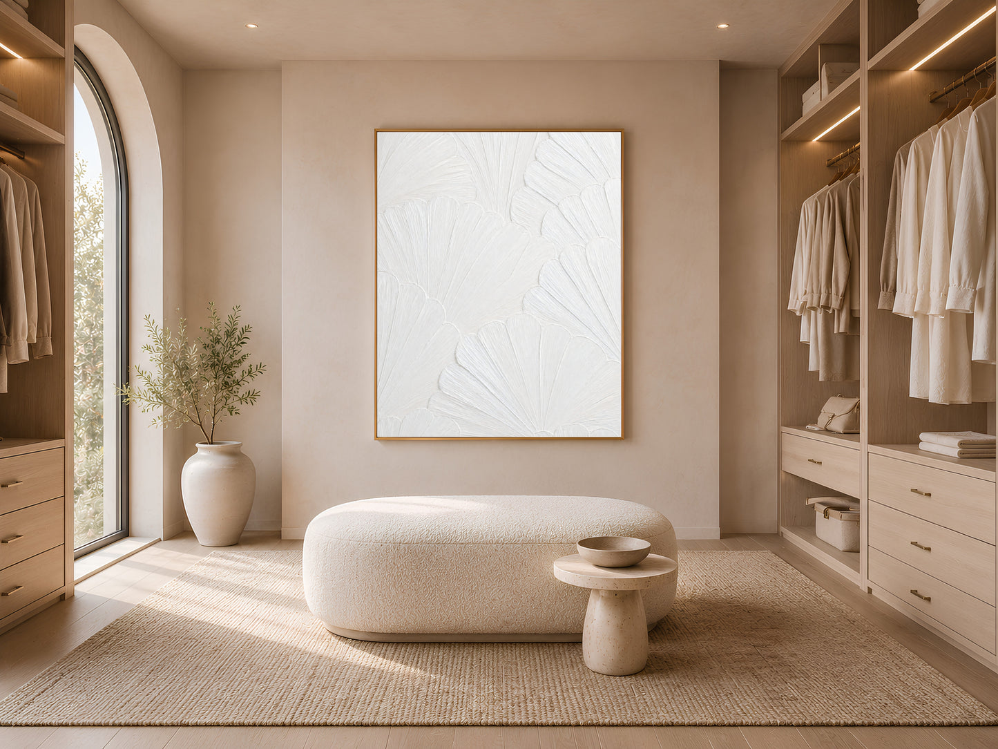 White scallop mosaic print displayed in a minimalist walk-in closet with an arched doorway and boucle ottoman