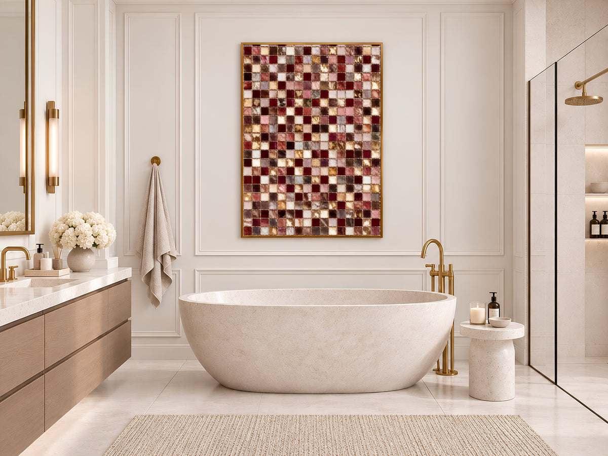 Pink and Burgundy Mosaic Tile Wall Art Print, Dusty Rose, Mauve and Gold Tile Grid Painting, Printable Romantic Decor, Digital Download