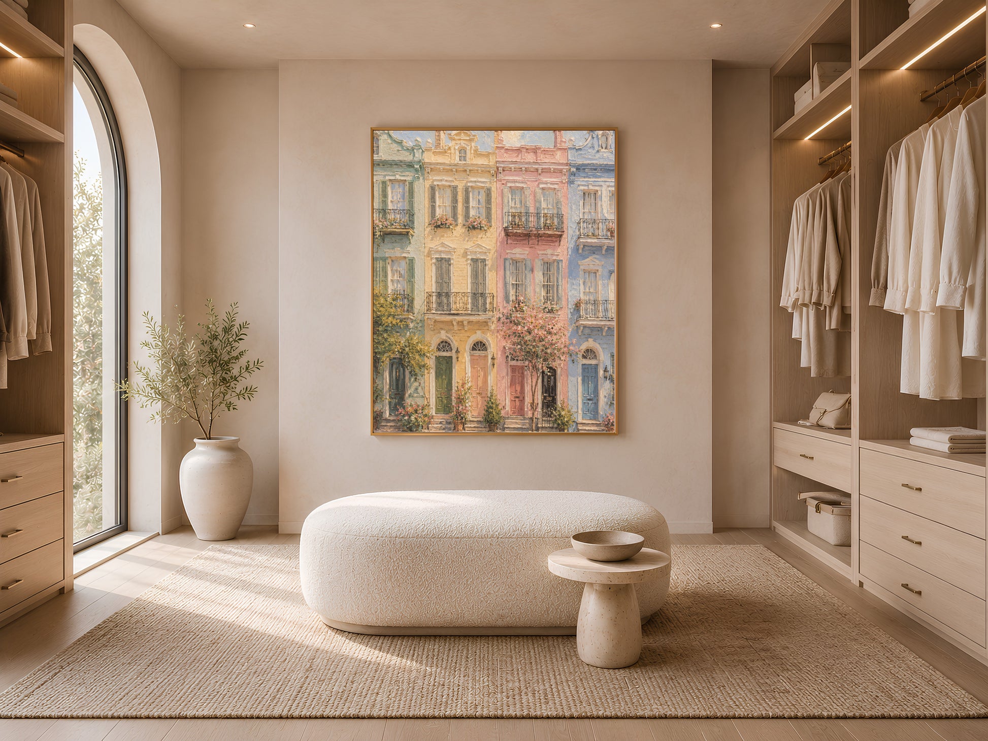 Framed Rainbow Row wall art above a curved neutral sofa in a sunlit living room with a round coffee table

