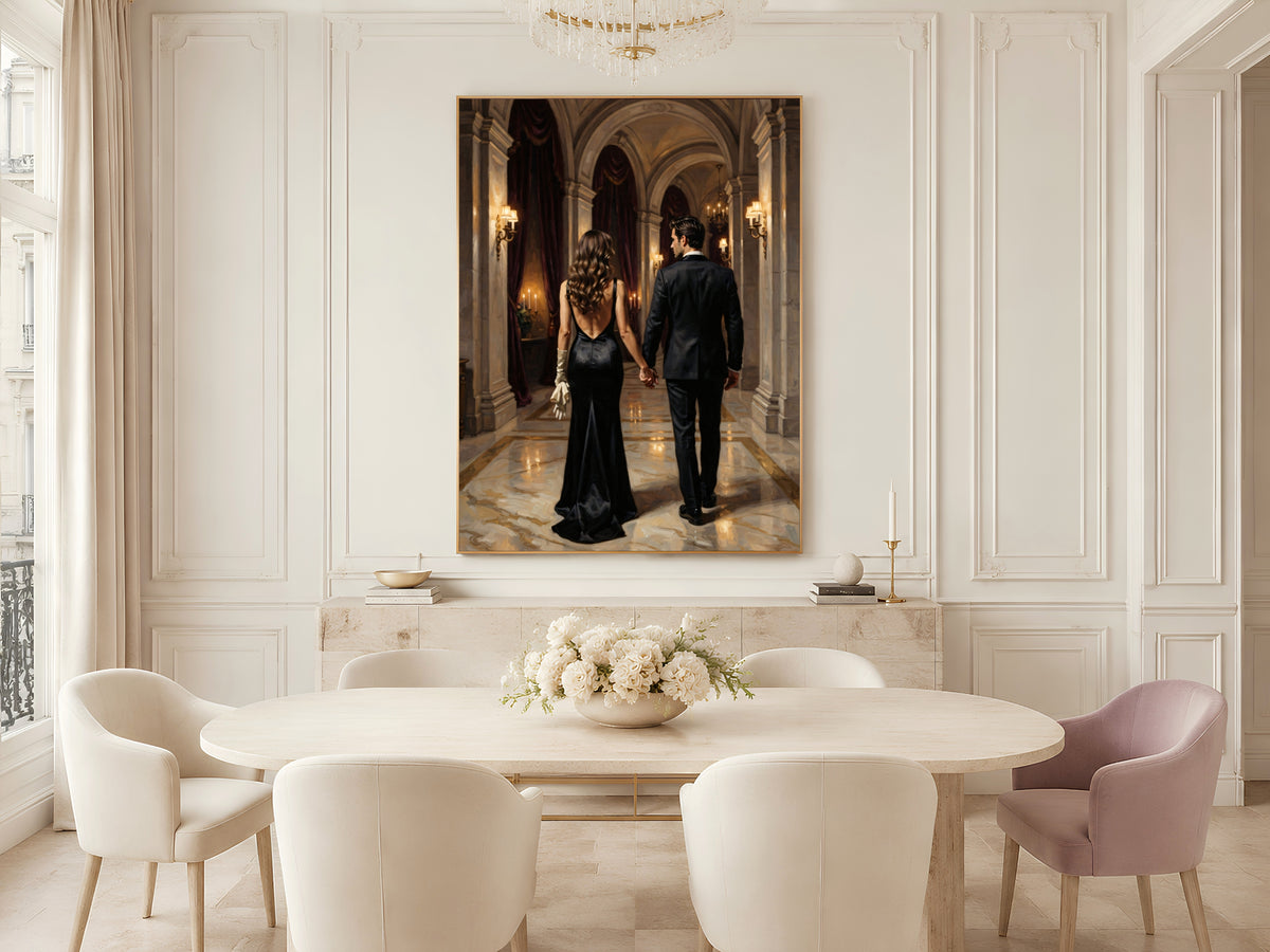 Dark Academia Couple Wall Art, Elegant Gala Hallway Oil Painting Print - Digital Download