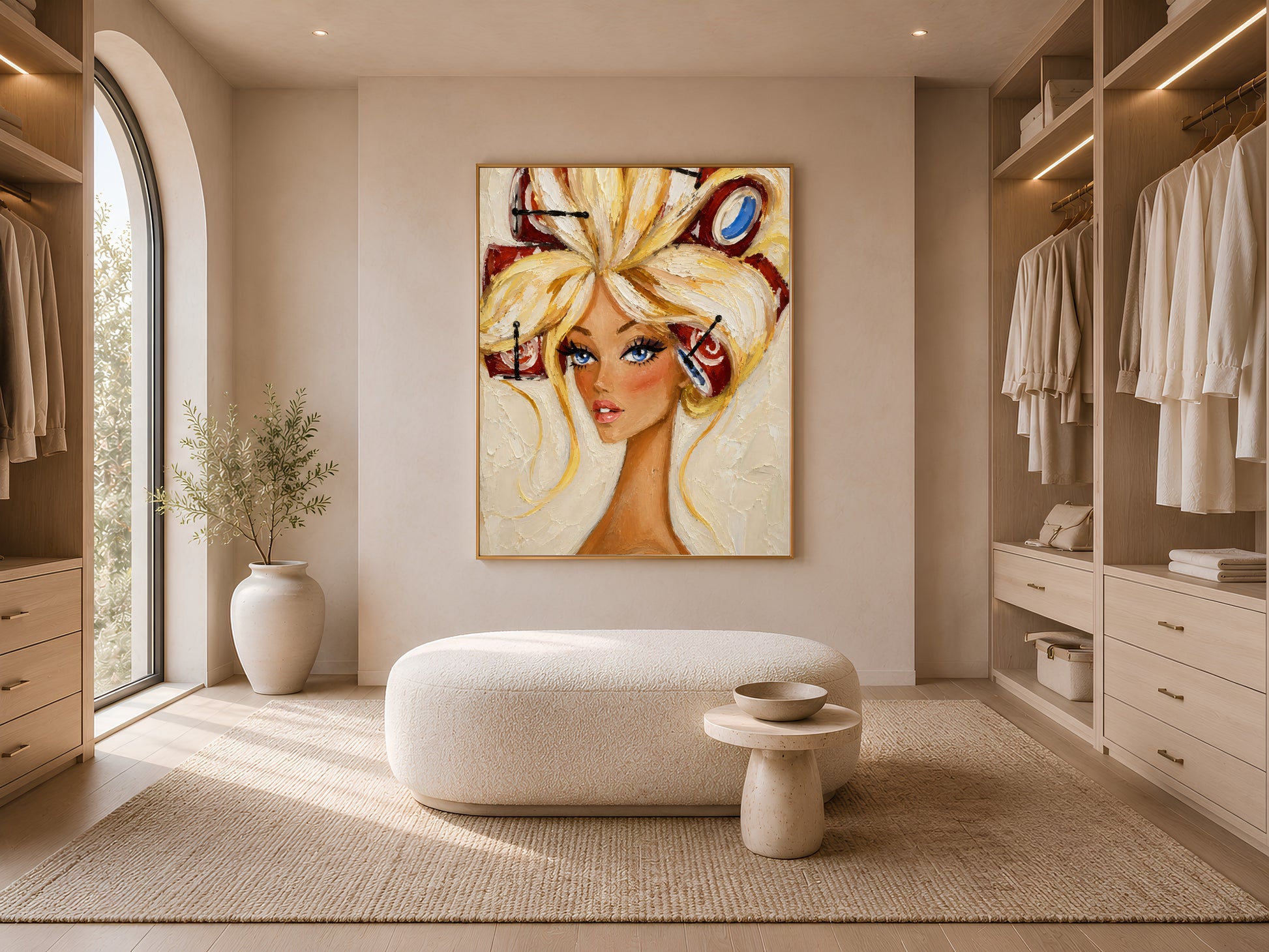 Framed retro pin-up hair rollers portrait above a bench in a light, minimalist walk-in closet.