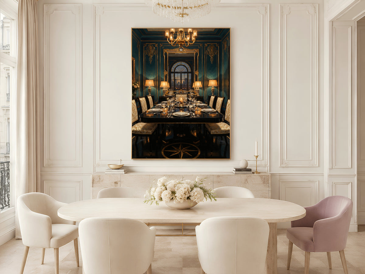 Art Deco Dining Room Wall Art, Teal Gold 1920s Interior Oil Painting - Digital Download