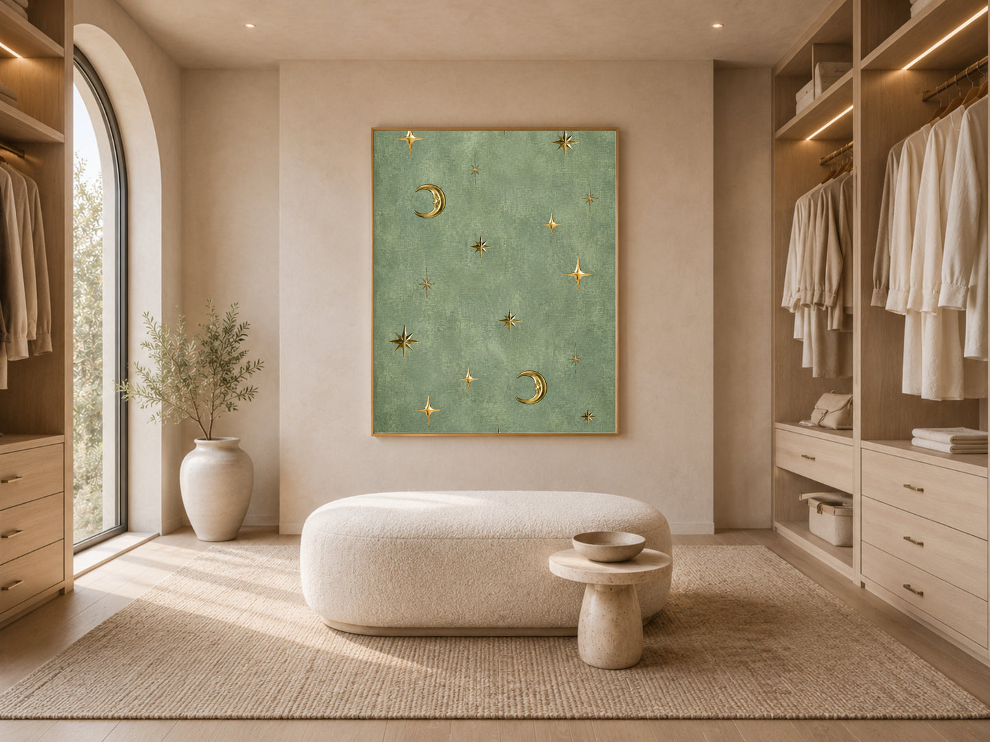 Vintage celestial moon and stars wall art displayed in a walk-in closet with arched shelving, sage green dark academia print