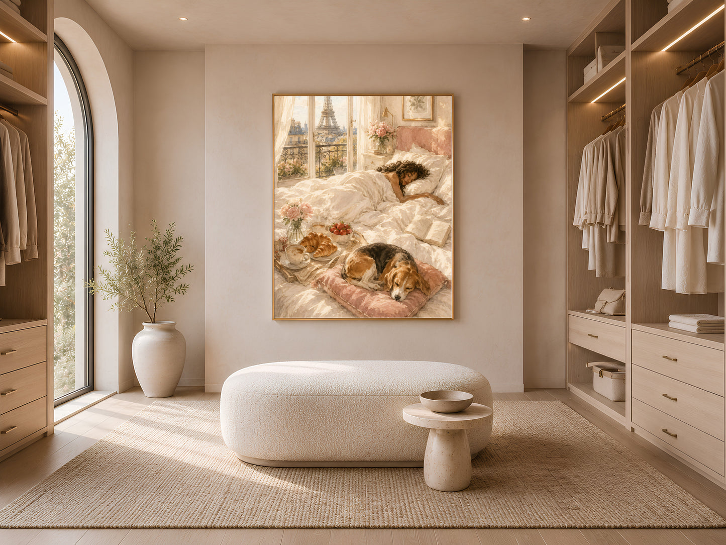  Framed Paris breakfast in bed print displayed in a walk-in closet with open shelving