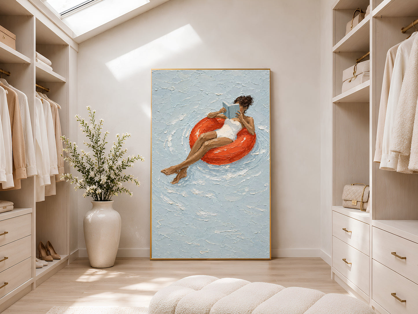 Woman reading on red inflatable ring impasto print in a gold frame displayed in a bright walk-in wardrobe with neutral shelving and recessed ceiling light
