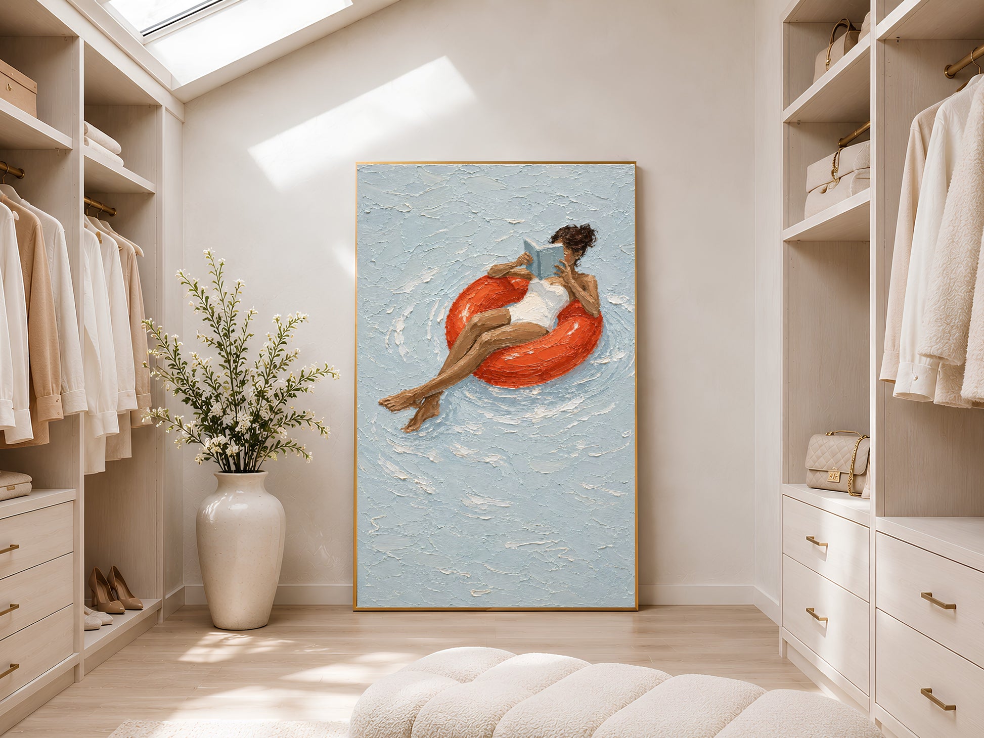 Woman reading on red inflatable ring impasto print in a gold frame displayed in a bright walk-in wardrobe with neutral shelving and recessed ceiling light
